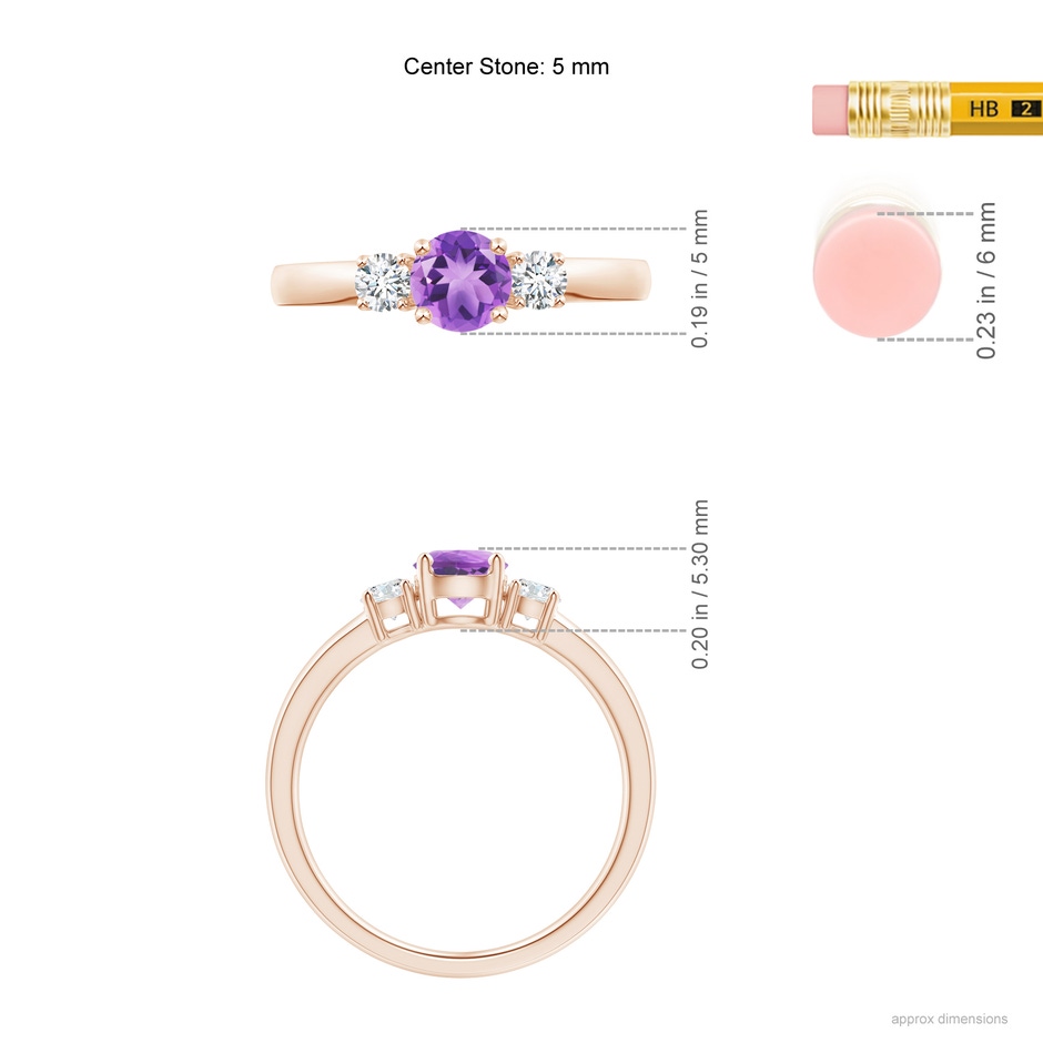 5mm A Classic Amethyst and Diamond Three Stone Engagement Ring in Rose Gold ruler