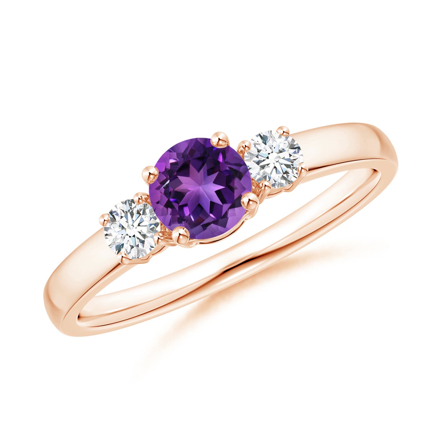 5mm AAAA Classic Amethyst and Diamond Three Stone Engagement Ring in Rose Gold