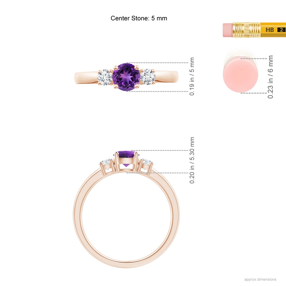5mm AAAA Classic Amethyst and Diamond Three Stone Engagement Ring in Rose Gold ruler
