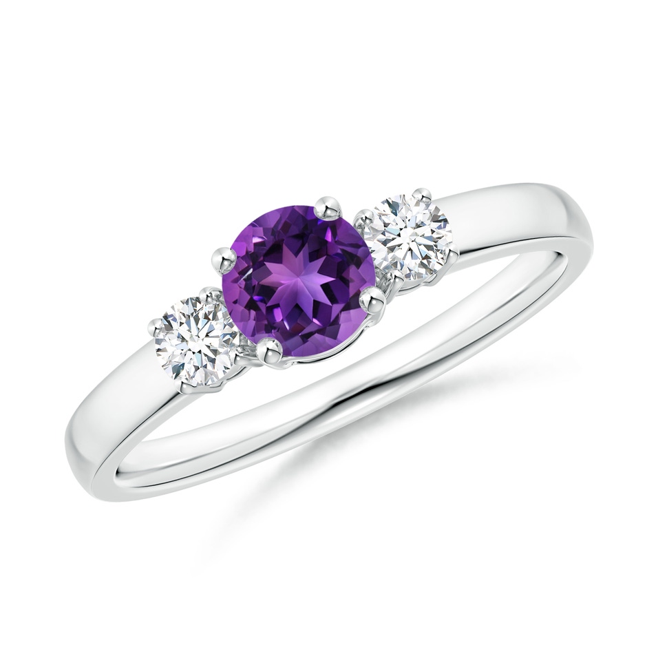 5mm AAAA Classic Amethyst and Diamond Three Stone Engagement Ring in White Gold 