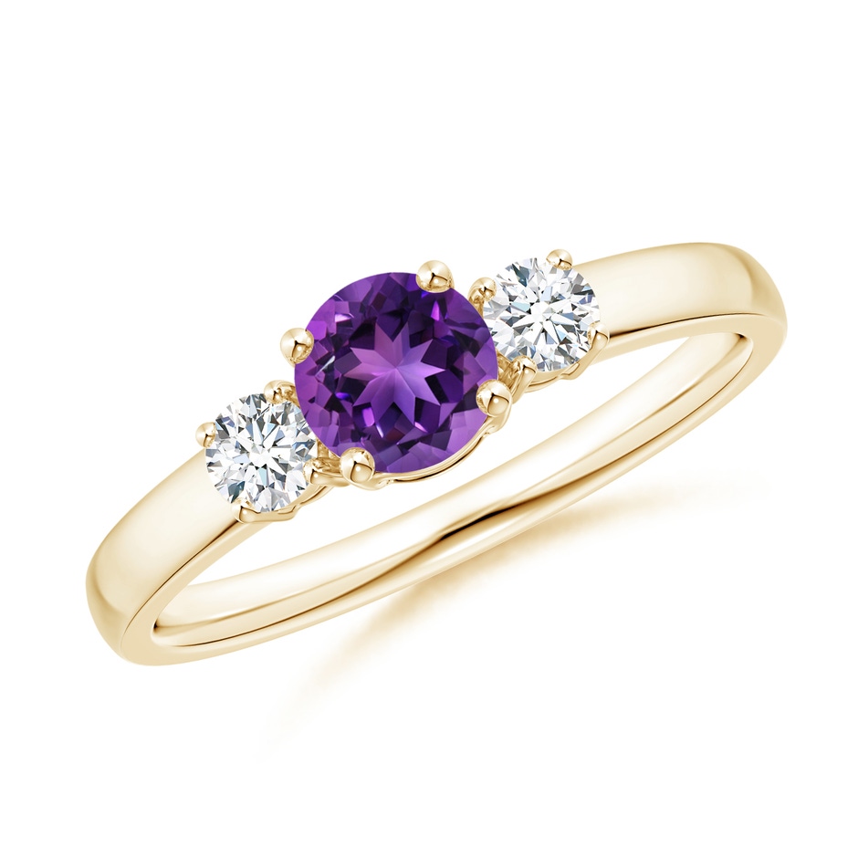 5mm AAAA Classic Amethyst and Diamond Three Stone Engagement Ring in Yellow Gold 