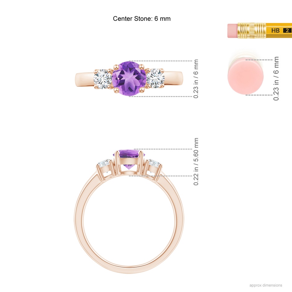 6mm A Classic Amethyst and Diamond Three Stone Engagement Ring in Rose Gold ruler