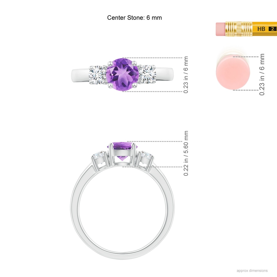 6mm A Classic Amethyst and Diamond Three Stone Engagement Ring in White Gold ruler