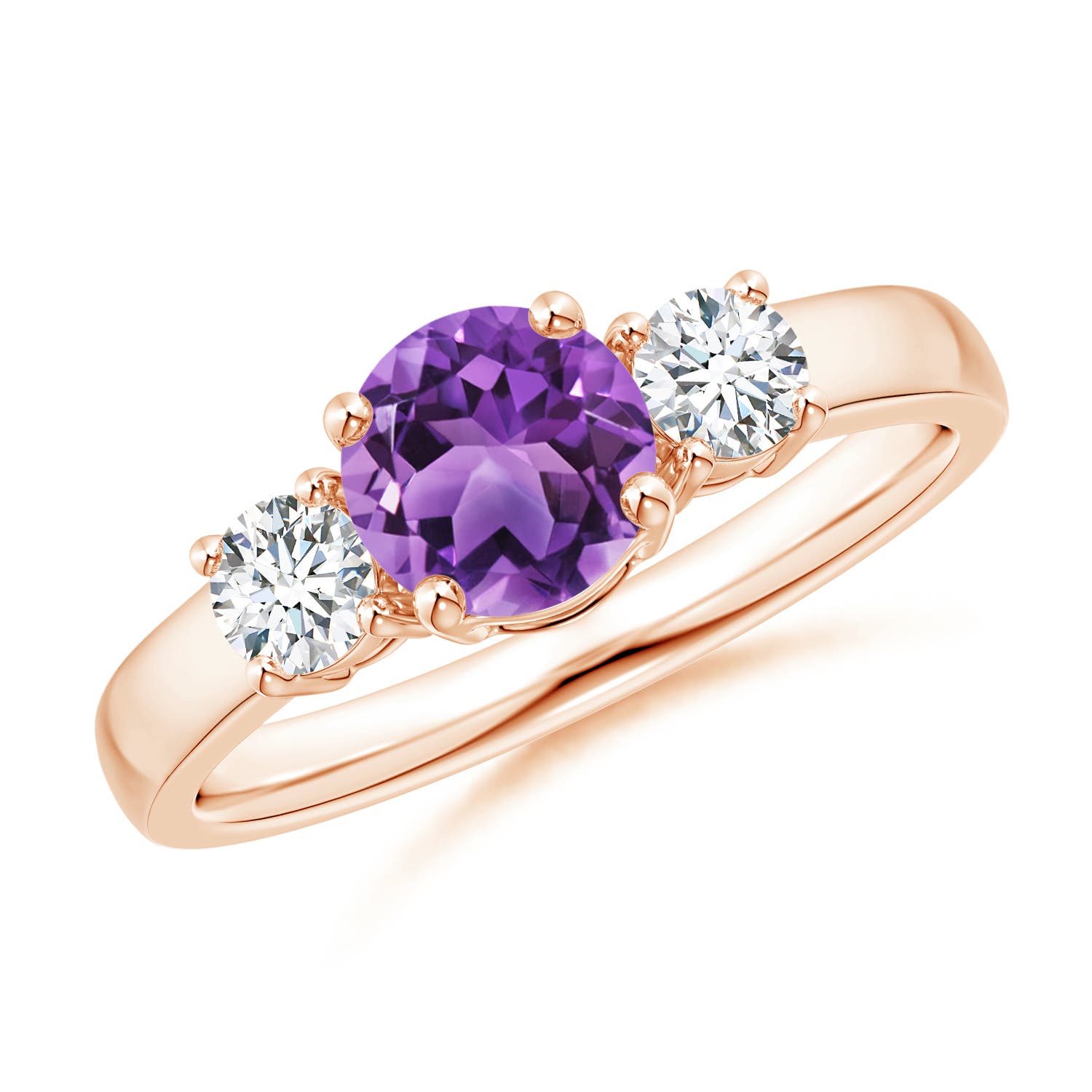 6mm AA Classic Amethyst and Diamond Three Stone Engagement Ring in Rose Gold
