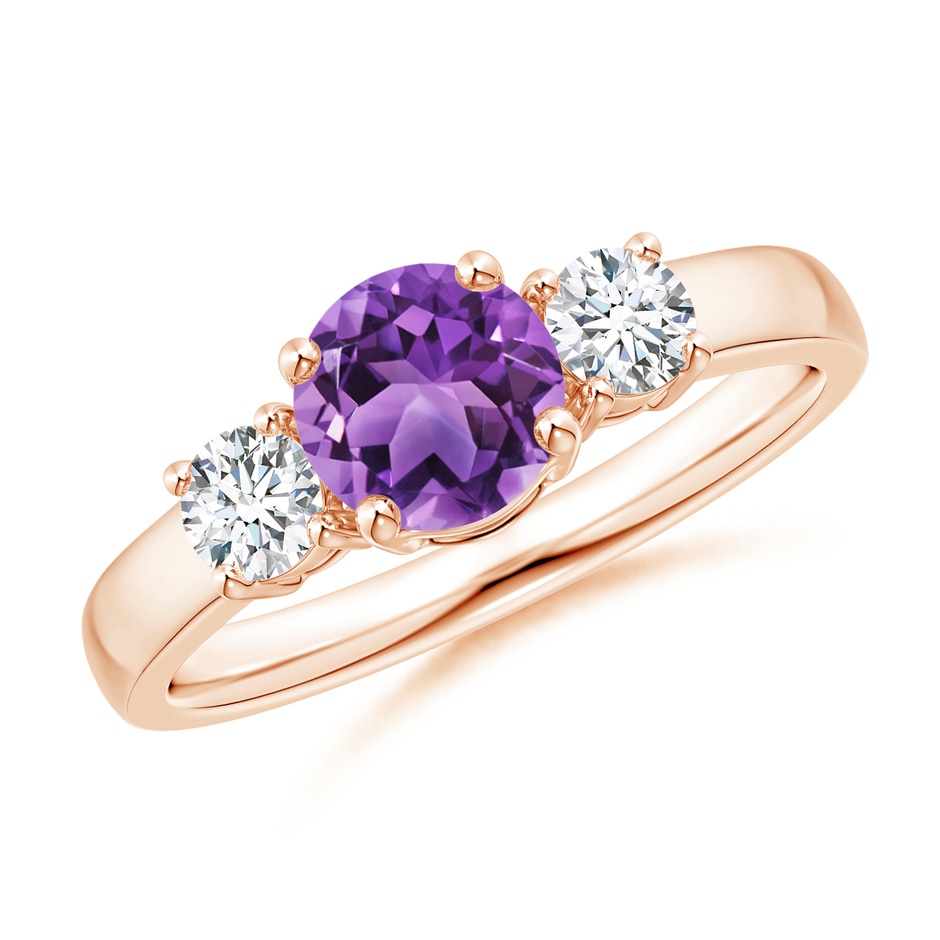 6mm AA Classic Amethyst and Diamond Three Stone Engagement Ring in Rose Gold 