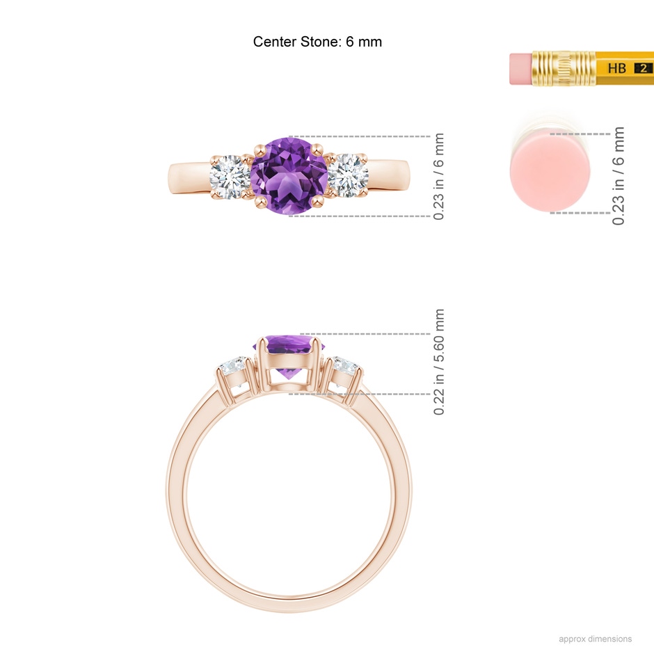 6mm AA Classic Amethyst and Diamond Three Stone Engagement Ring in Rose Gold ruler