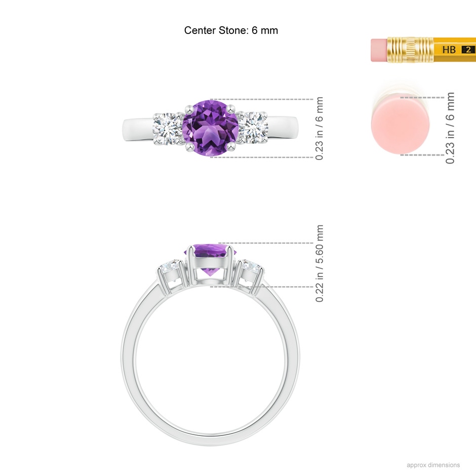 6mm AA Classic Amethyst and Diamond Three Stone Engagement Ring in White Gold ruler