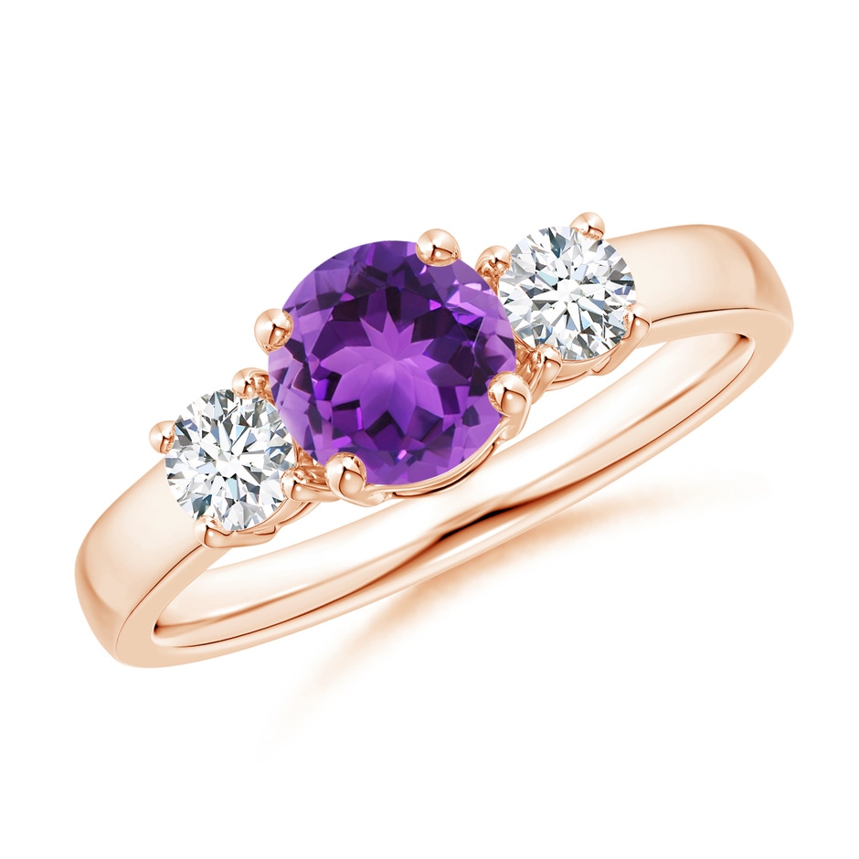 6mm AAA Classic Amethyst and Diamond Three Stone Engagement Ring in 10K Rose Gold 