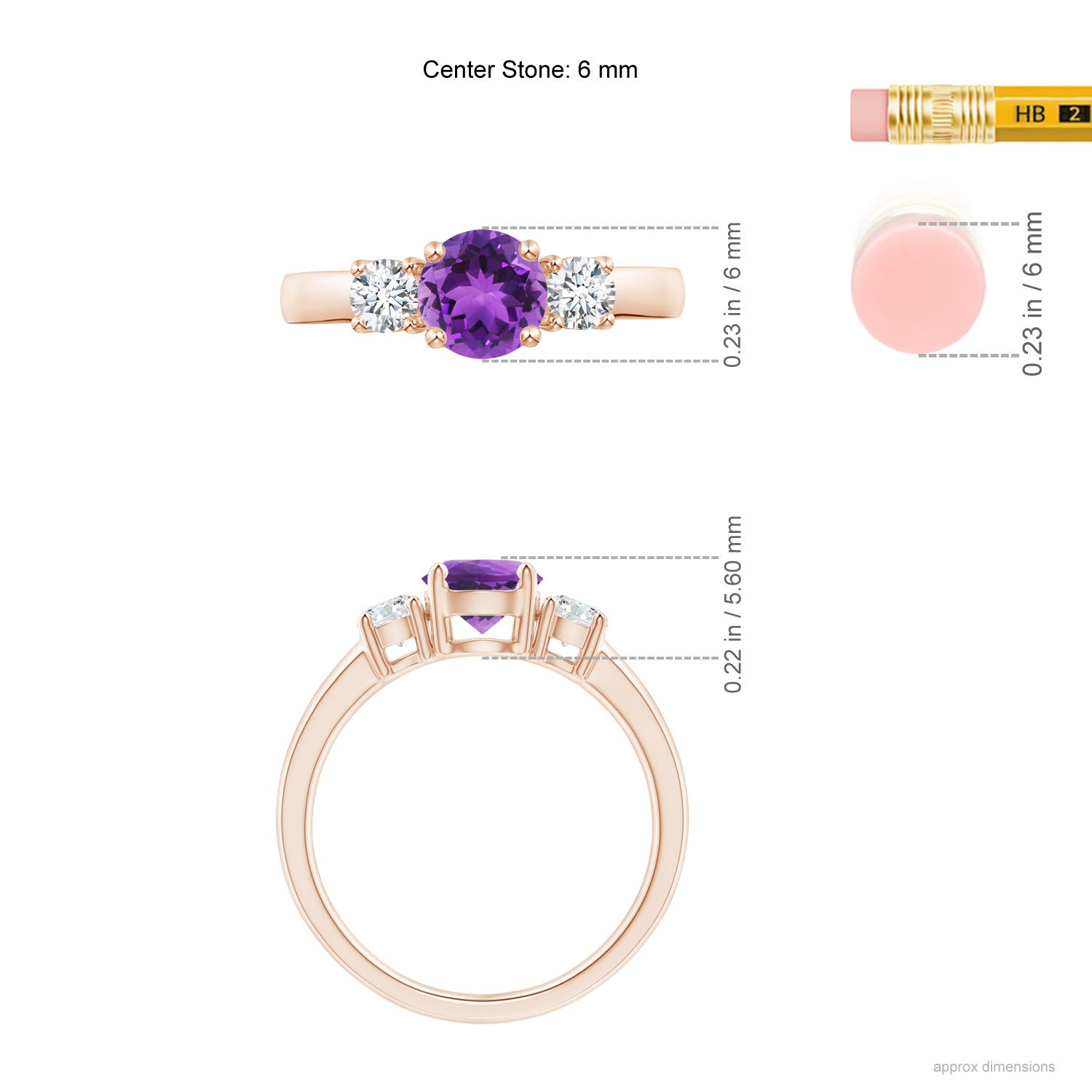 6mm AAA Classic Amethyst and Diamond Three Stone Engagement Ring in Rose Gold - ruler