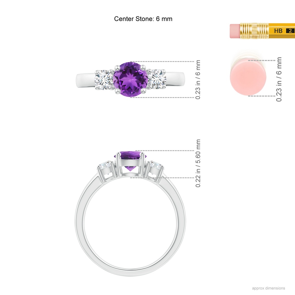 6mm AAA Classic Amethyst and Diamond Three Stone Engagement Ring in White Gold Ruler