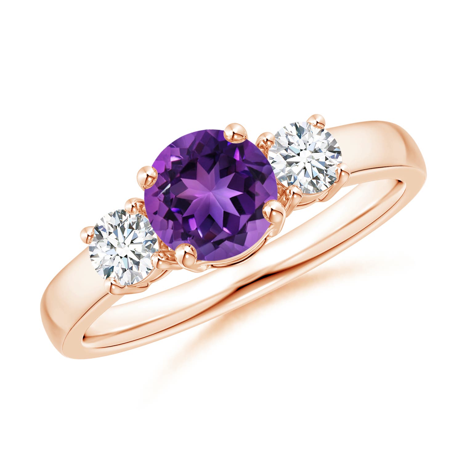 6mm AAAA Classic Amethyst and Diamond Three Stone Engagement Ring in Rose Gold
