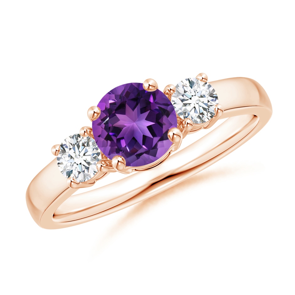 6mm AAAA Classic Amethyst and Diamond Three Stone Engagement Ring in Rose Gold 