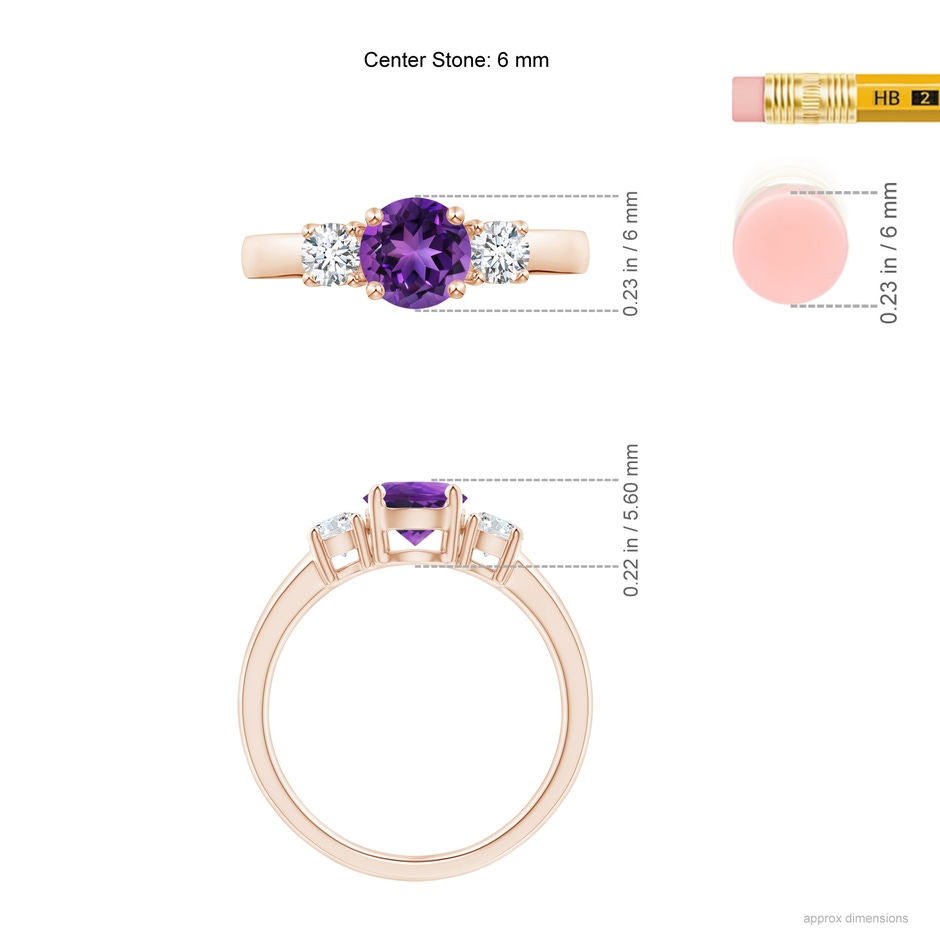 6mm AAAA Classic Amethyst and Diamond Three Stone Engagement Ring in Rose Gold ruler