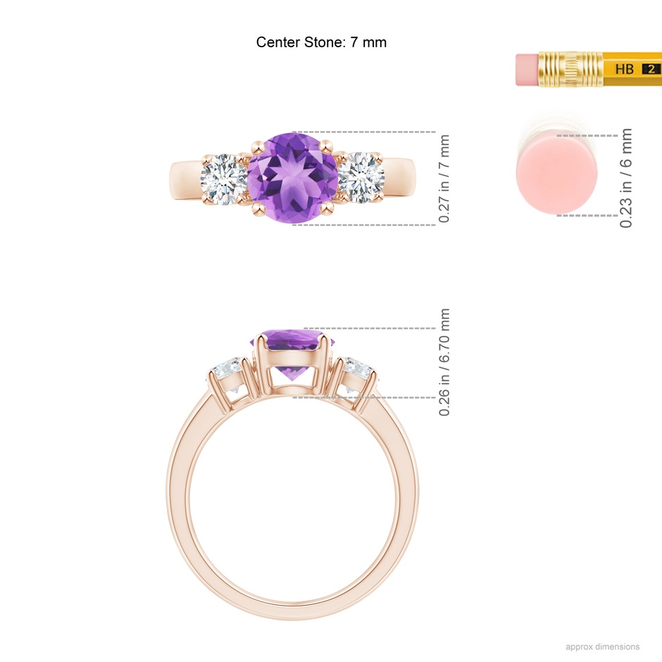 7mm A Classic Amethyst and Diamond Three Stone Engagement Ring in Rose Gold ruler