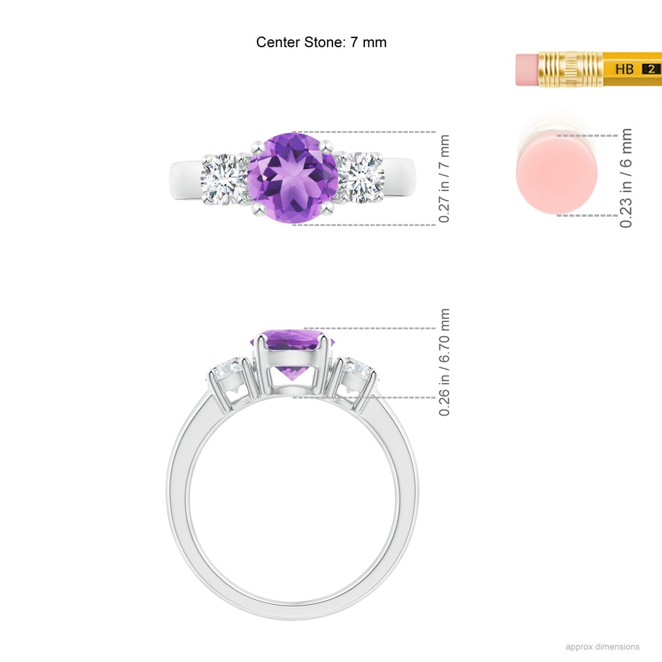 7mm A Classic Amethyst and Diamond Three Stone Engagement Ring in White Gold ruler