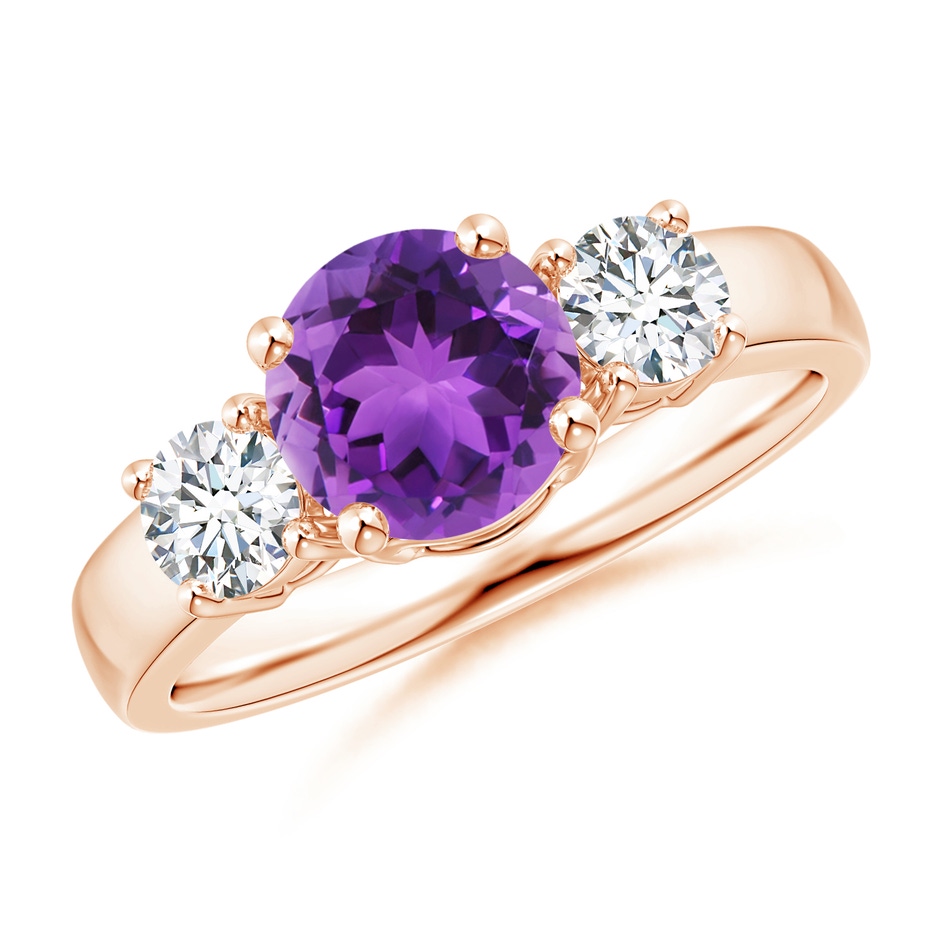 7mm AAA Classic Amethyst and Diamond Three Stone Engagement Ring in Rose Gold 
