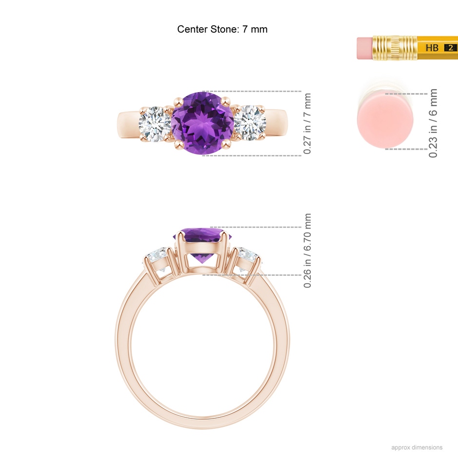 7mm AAA Classic Amethyst and Diamond Three Stone Engagement Ring in Rose Gold ruler