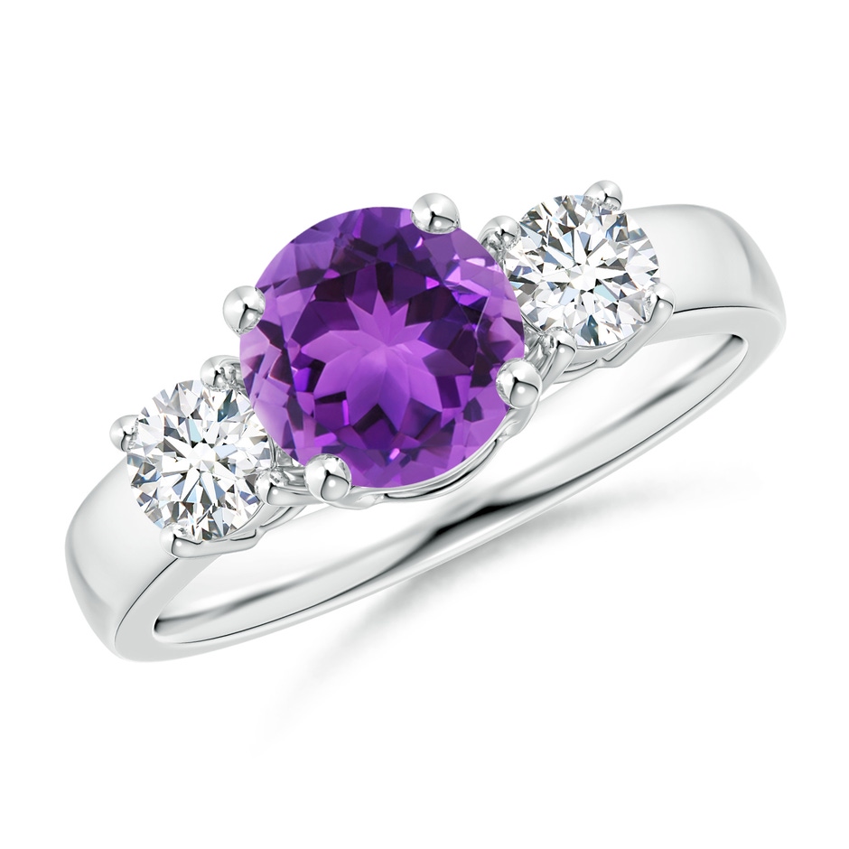 7mm AAA Classic Amethyst and Diamond Three Stone Engagement Ring in White Gold 