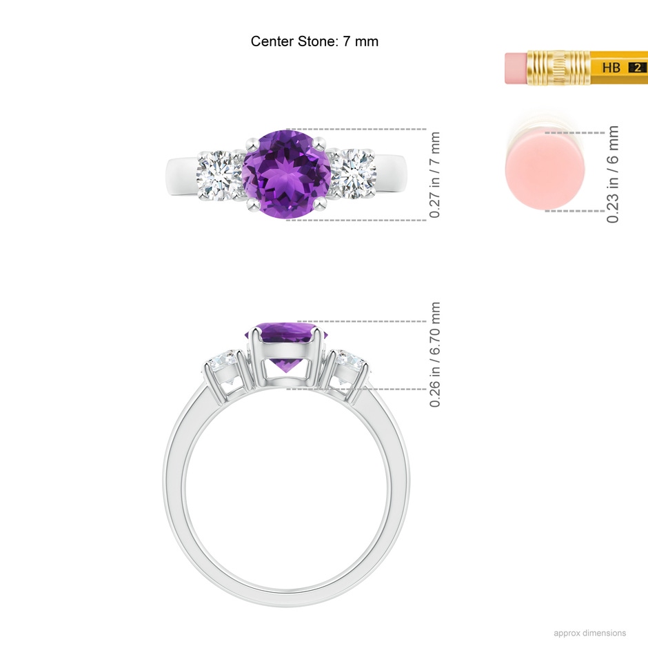 7mm AAA Classic Amethyst and Diamond Three Stone Engagement Ring in White Gold ruler