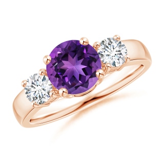 7mm AAAA Classic Amethyst and Diamond Three Stone Engagement Ring in Rose Gold