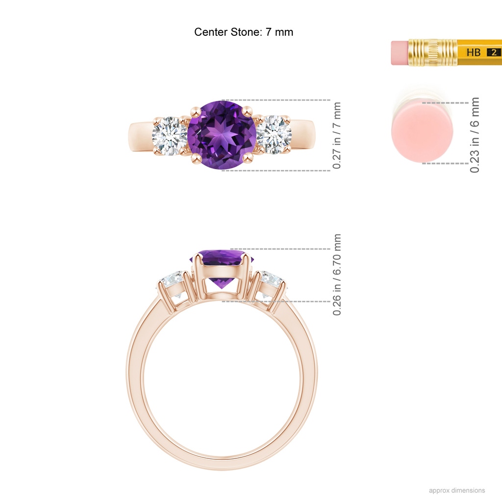 7mm AAAA Classic Amethyst and Diamond Three Stone Engagement Ring in Rose Gold Ruler