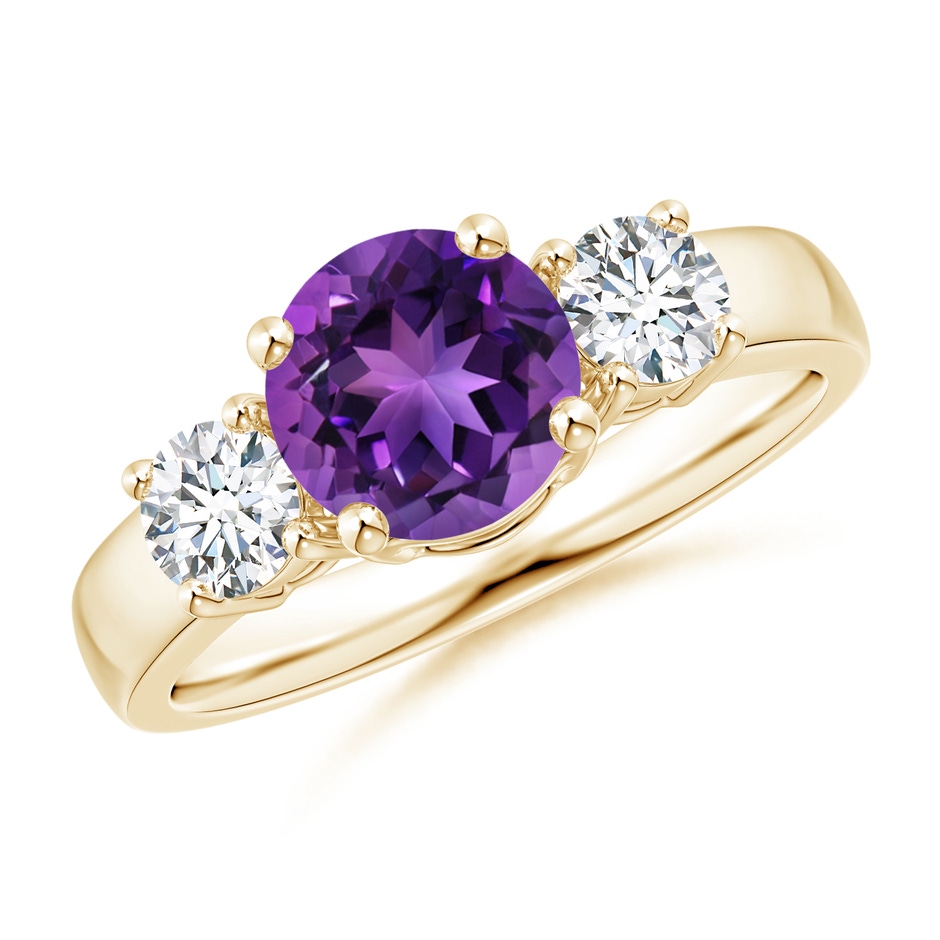 7mm AAAA Classic Amethyst and Diamond Three Stone Engagement Ring in Yellow Gold 