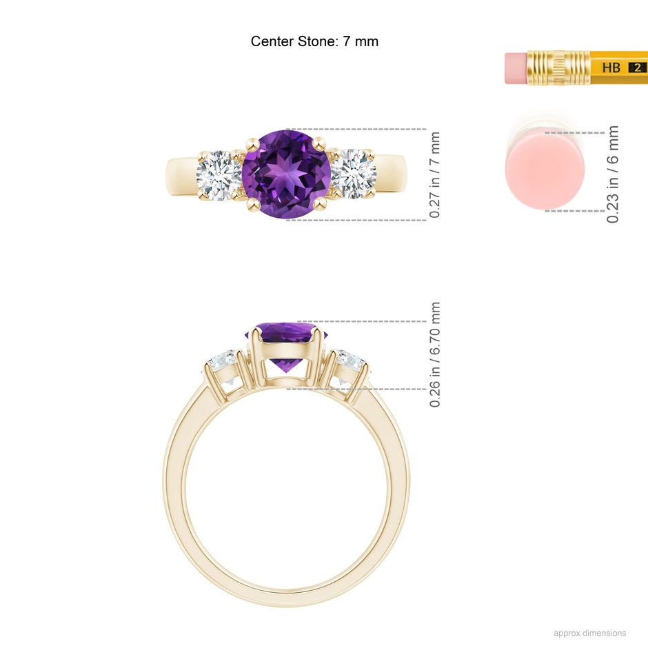 7mm AAAA Classic Amethyst and Diamond Three Stone Engagement Ring in Yellow Gold ruler