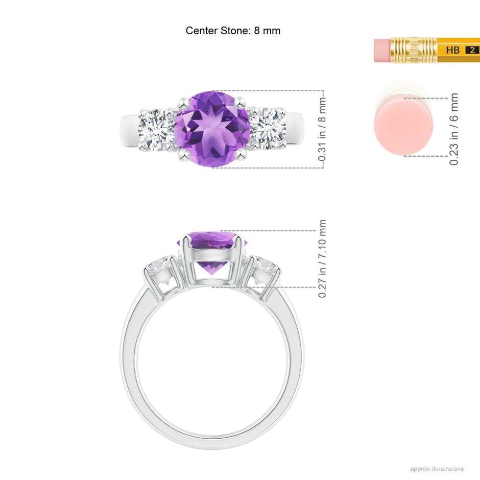 8mm A Classic Amethyst and Diamond Three Stone Engagement Ring in White Gold ruler
