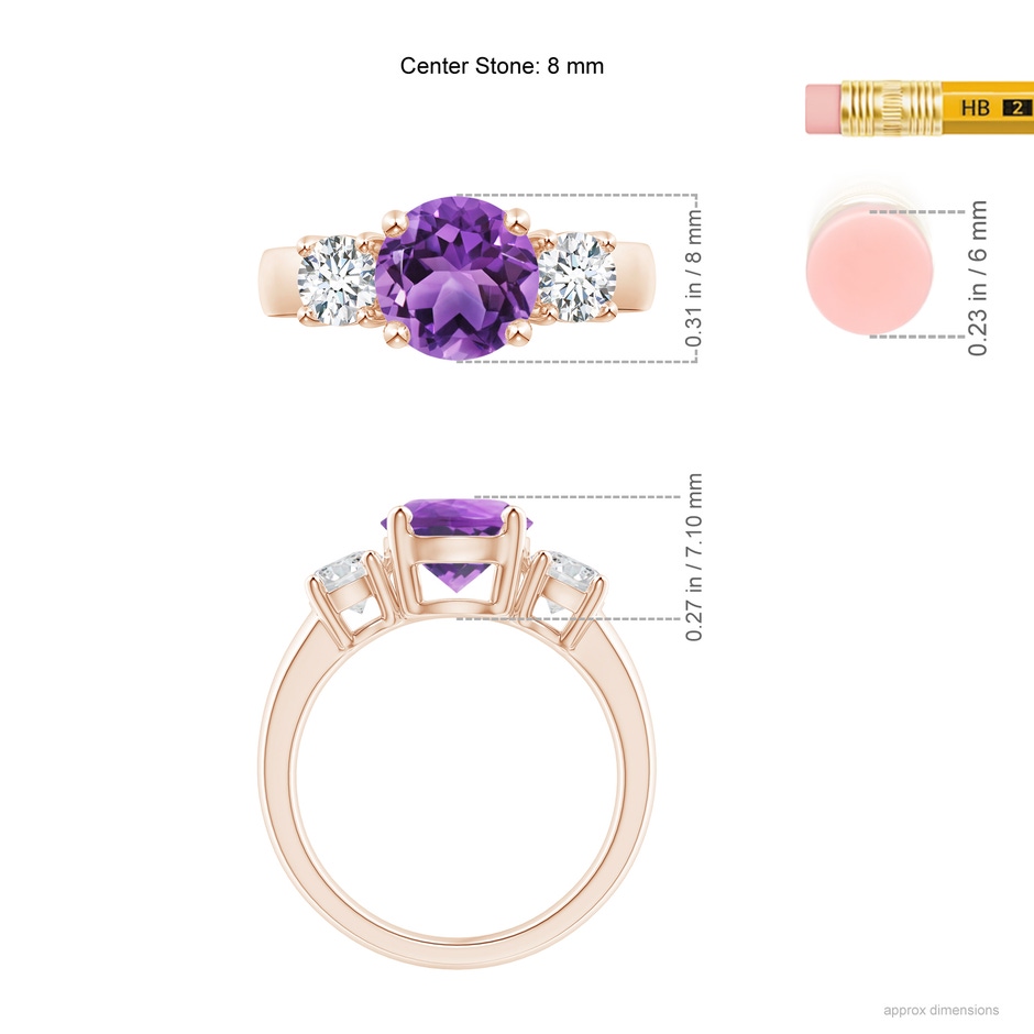 8mm AA Classic Amethyst and Diamond Three Stone Engagement Ring in Rose Gold ruler