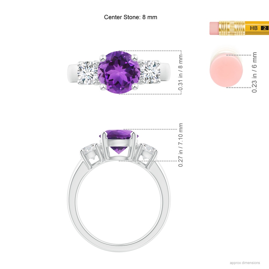 8mm AAA Classic Amethyst and Diamond Three Stone Engagement Ring in P950 Platinum ruler
