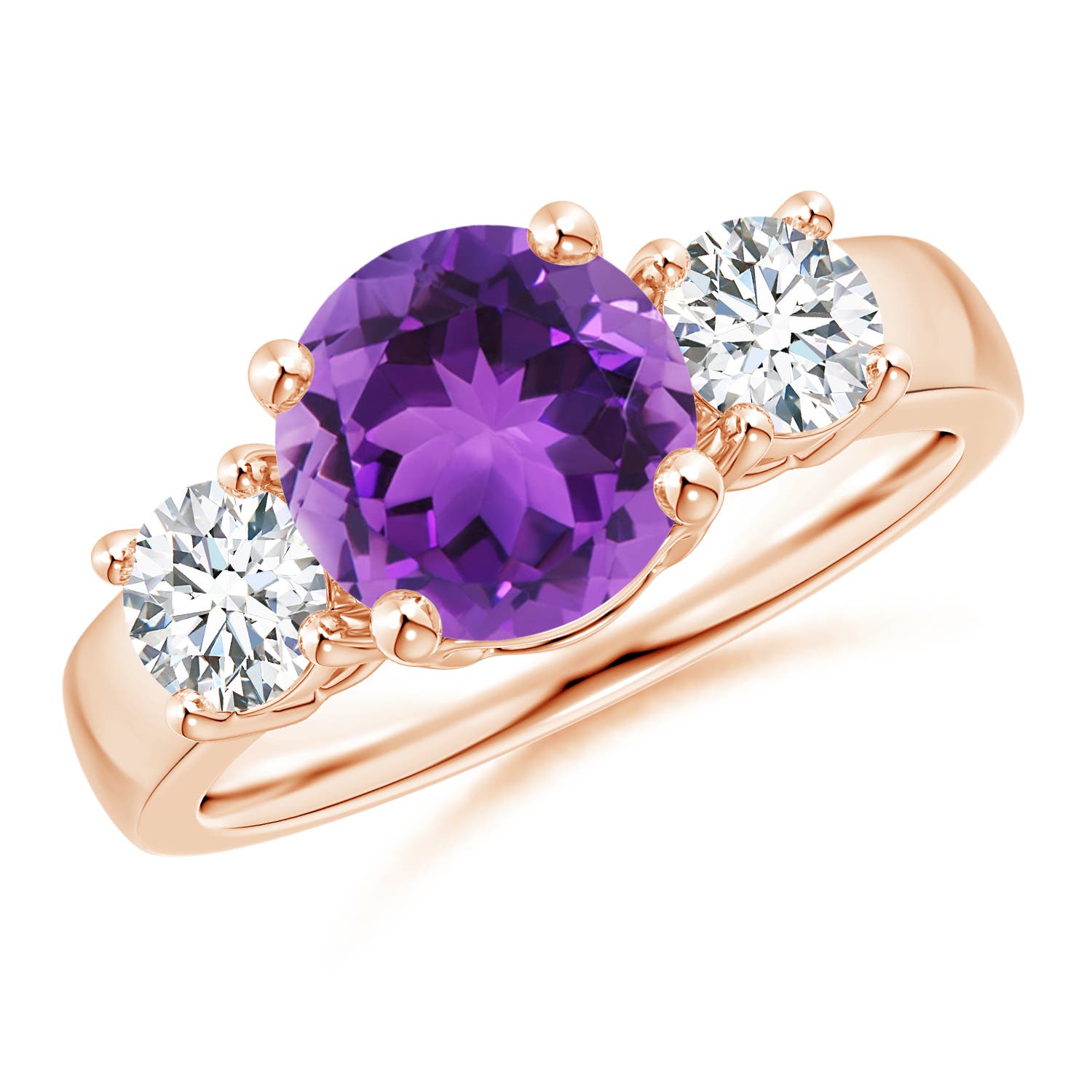 8mm AAA Classic Amethyst and Diamond Three Stone Engagement Ring in Rose Gold