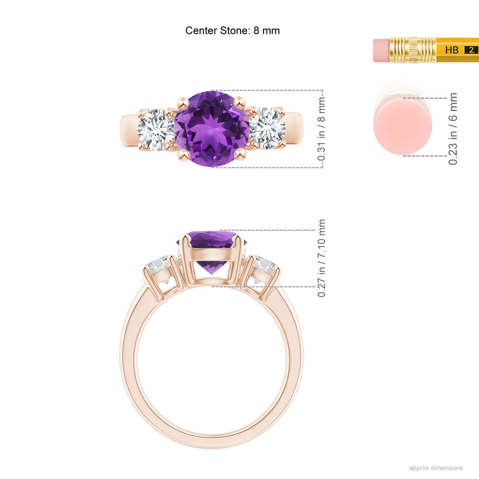8mm AAA Classic Amethyst and Diamond Three Stone Engagement Ring in Rose Gold ruler