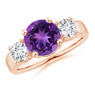 8mm AAAA Classic Amethyst and Diamond Three Stone Engagement Ring in 10K Rose Gold