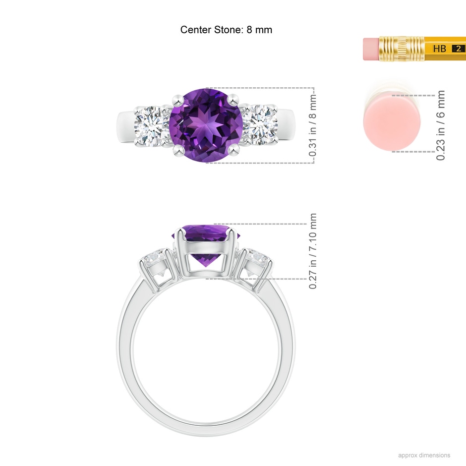 8mm AAAA Classic Amethyst and Diamond Three Stone Engagement Ring in P950 Platinum ruler