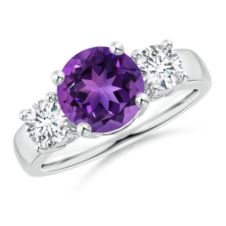 8mm AAAA Classic Amethyst and Diamond Three Stone Engagement Ring in White Gold