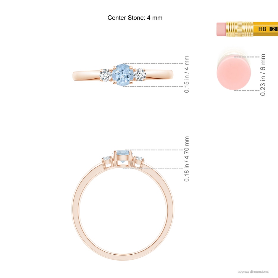 4mm A Classic Aquamarine and Diamond Three Stone Engagement Ring in Rose Gold ruler