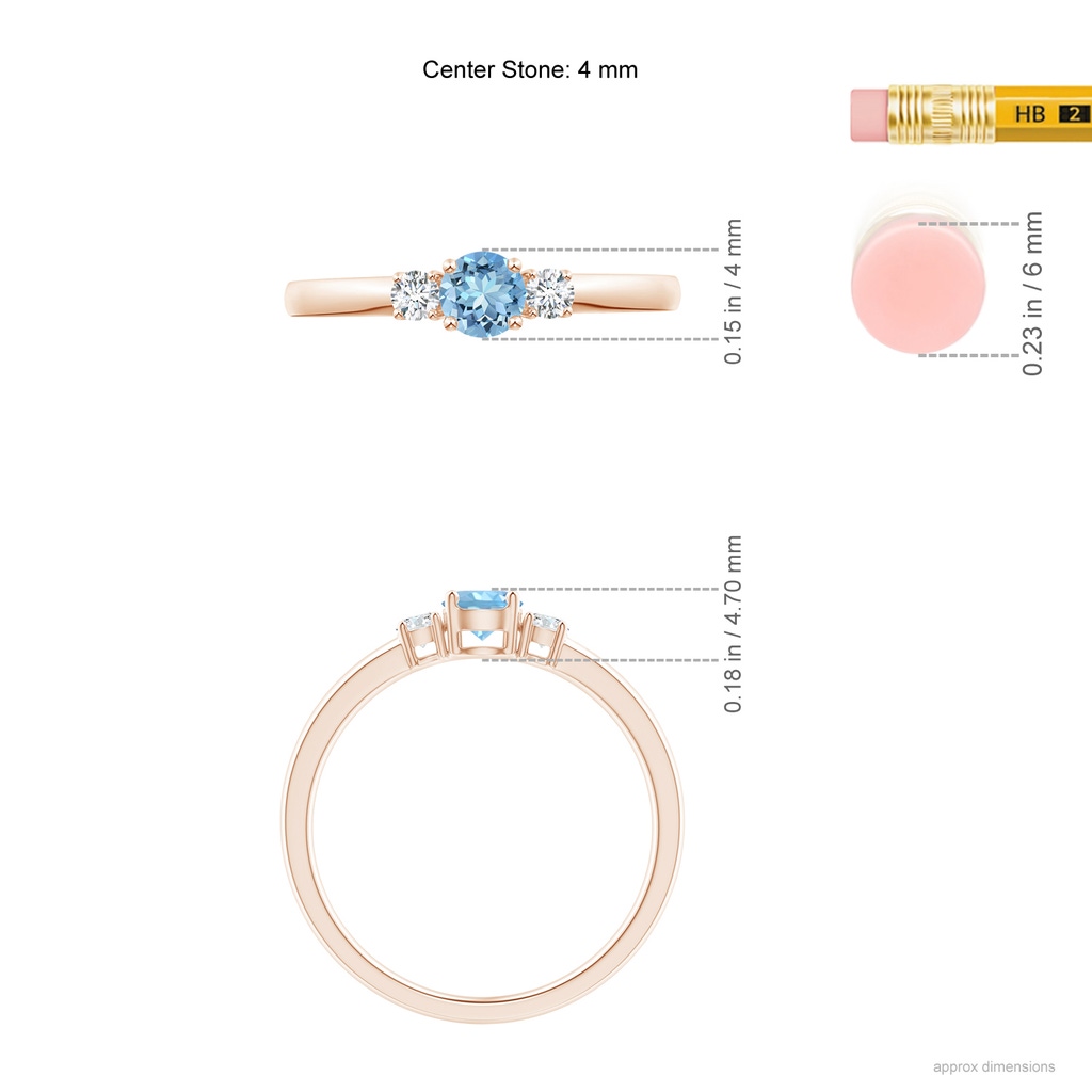 4mm AAAA Classic Aquamarine and Diamond Three Stone Engagement Ring in Rose Gold ruler