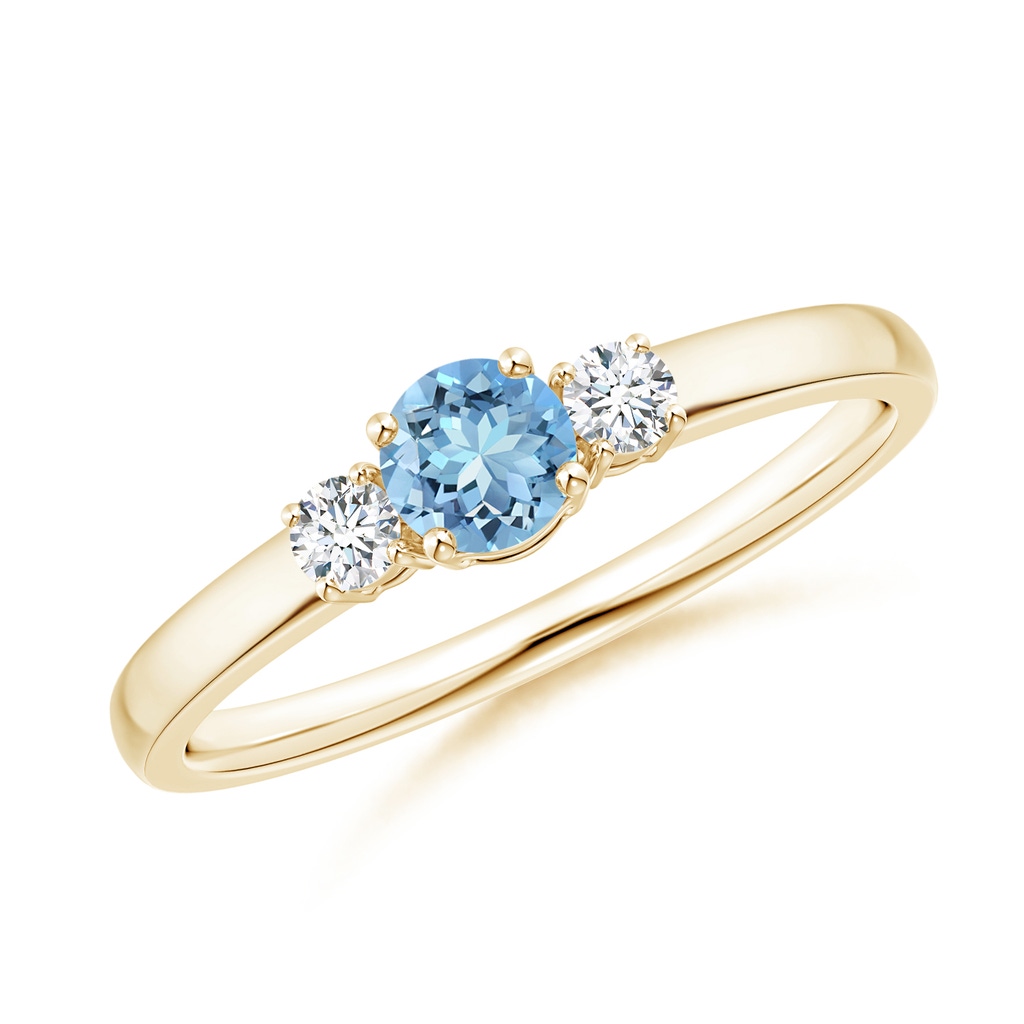 4mm AAAA Classic Aquamarine and Diamond Three Stone Engagement Ring in Yellow Gold