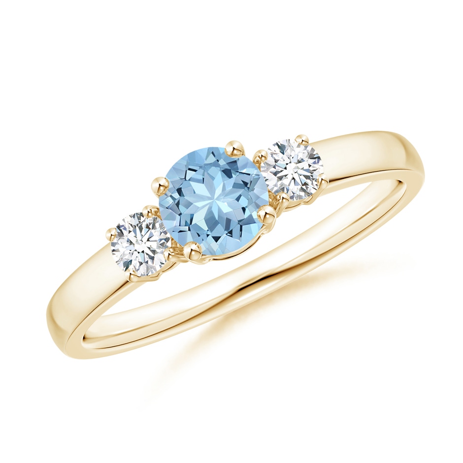 5mm AAA Classic Aquamarine and Diamond Three Stone Engagement Ring in Yellow Gold 