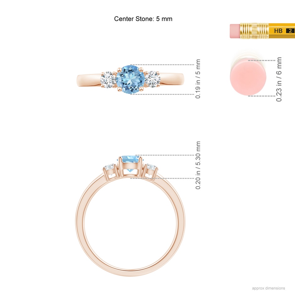 5mm AAAA Classic Aquamarine and Diamond Three Stone Engagement Ring in Rose Gold ruler
