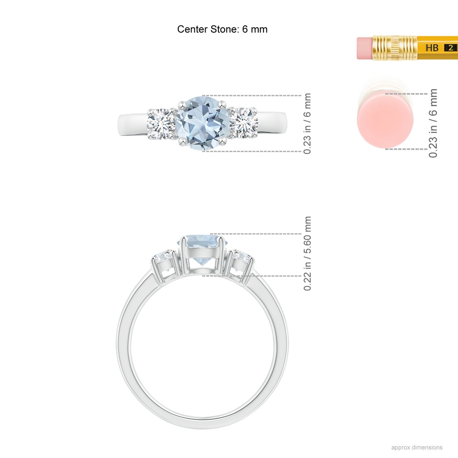6mm A Classic Aquamarine and Diamond Three Stone Engagement Ring in White Gold ruler