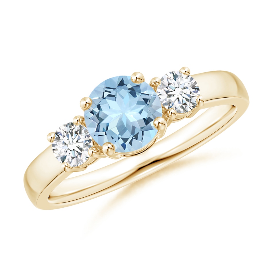 6mm AAA Classic Aquamarine and Diamond Three Stone Engagement Ring in Yellow Gold 