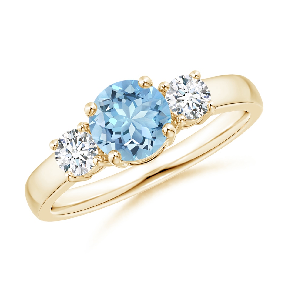 6mm AAAA Classic Aquamarine and Diamond Three Stone Engagement Ring in Yellow Gold 