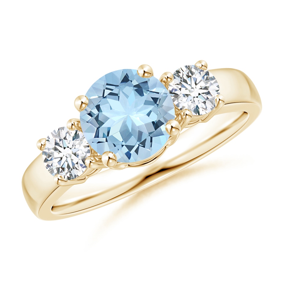 7mm AAA Classic Aquamarine and Diamond Three Stone Engagement Ring in Yellow Gold 