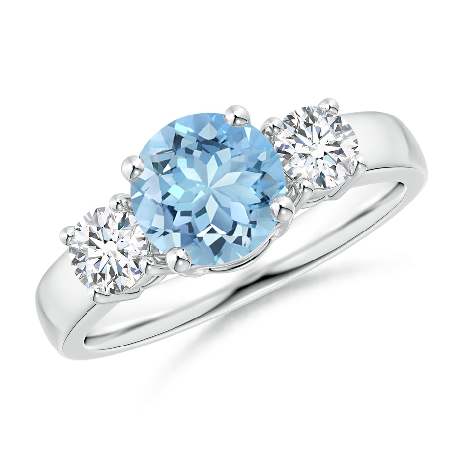 7mm AAAA Classic Aquamarine and Diamond Three Stone Engagement Ring in White Gold 