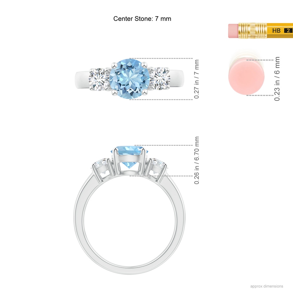 7mm AAAA Classic Aquamarine and Diamond Three Stone Engagement Ring in White Gold ruler