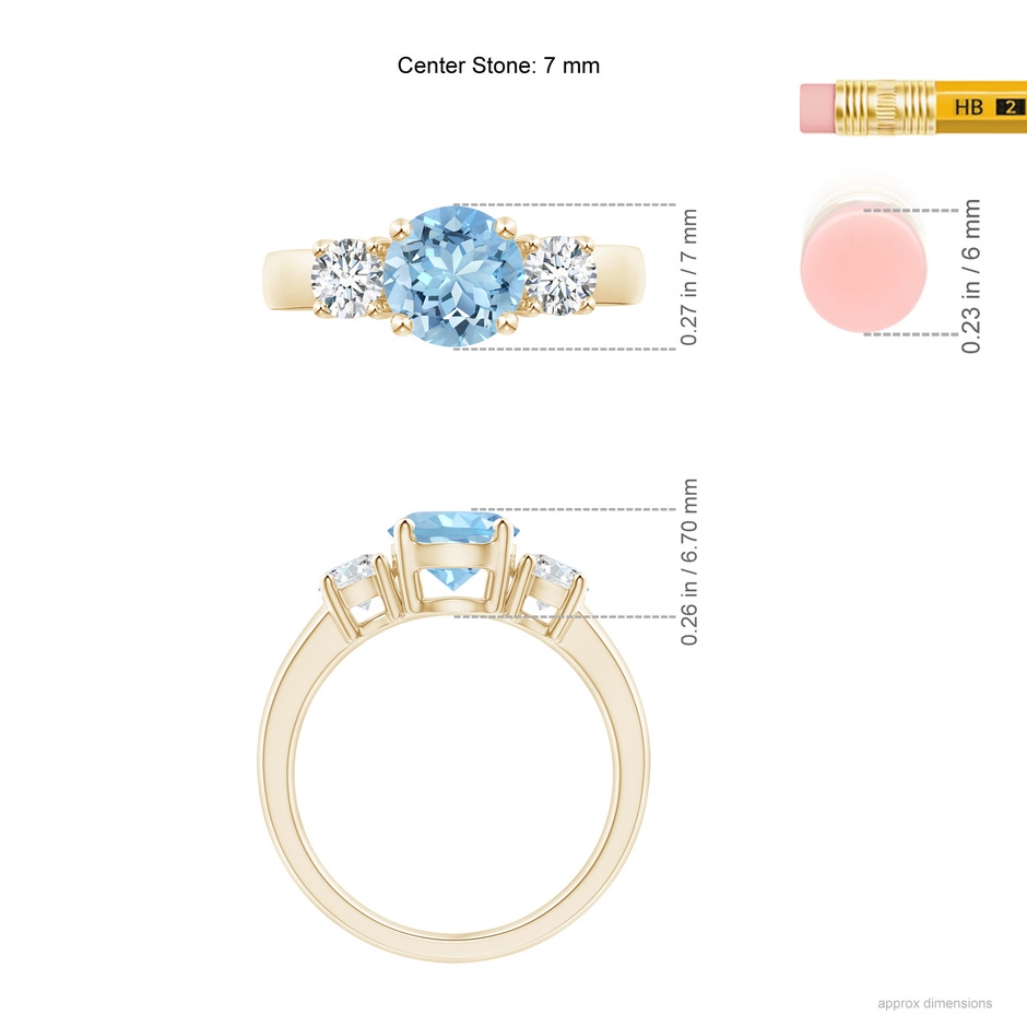 7mm AAAA Classic Aquamarine and Diamond Three Stone Engagement Ring in Yellow Gold ruler