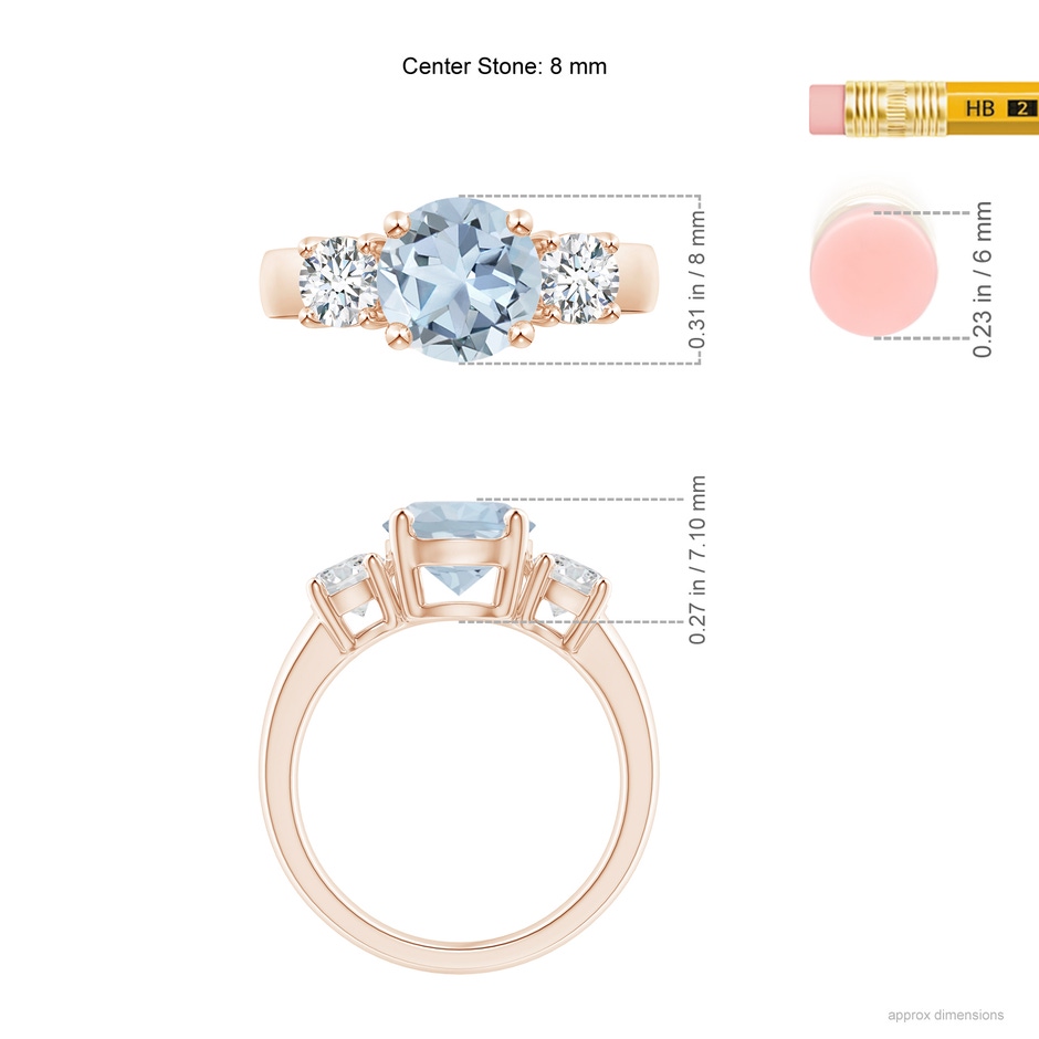 8mm A Classic Aquamarine and Diamond Three Stone Engagement Ring in Rose Gold ruler