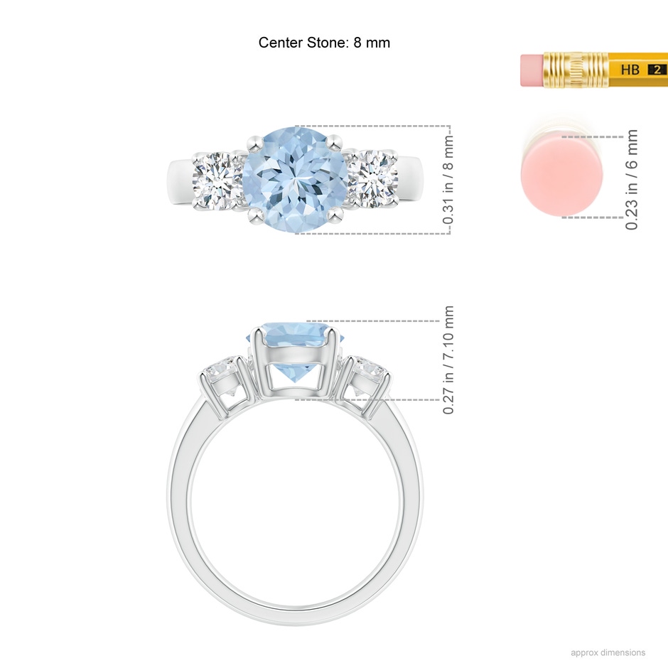 8mm AA Classic Aquamarine and Diamond Three Stone Engagement Ring in White Gold ruler