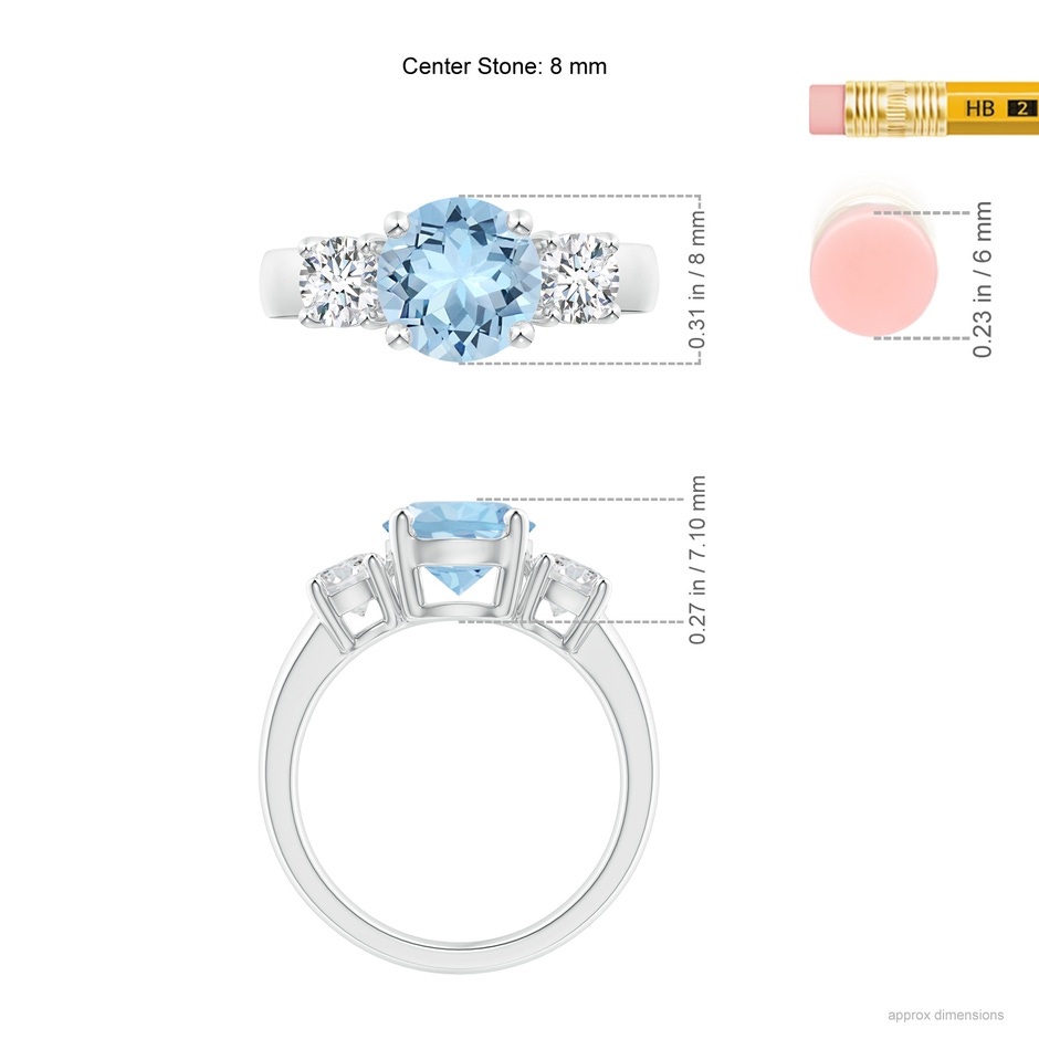 8mm AAA Classic Aquamarine and Diamond Three Stone Engagement Ring in White Gold ruler